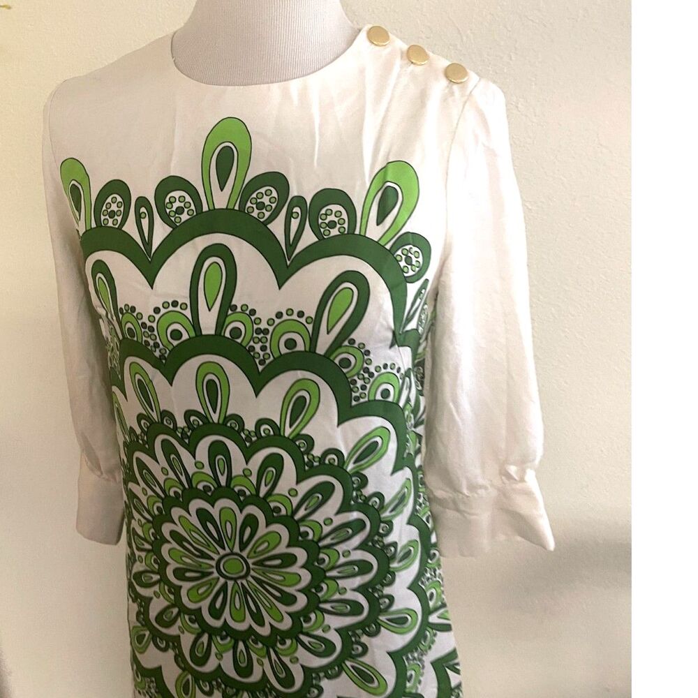 Vintage 90s MILLY Silk Dress Womens Size 6 Green White Mandala Graphic Lined Mod - Picture 6 of 8